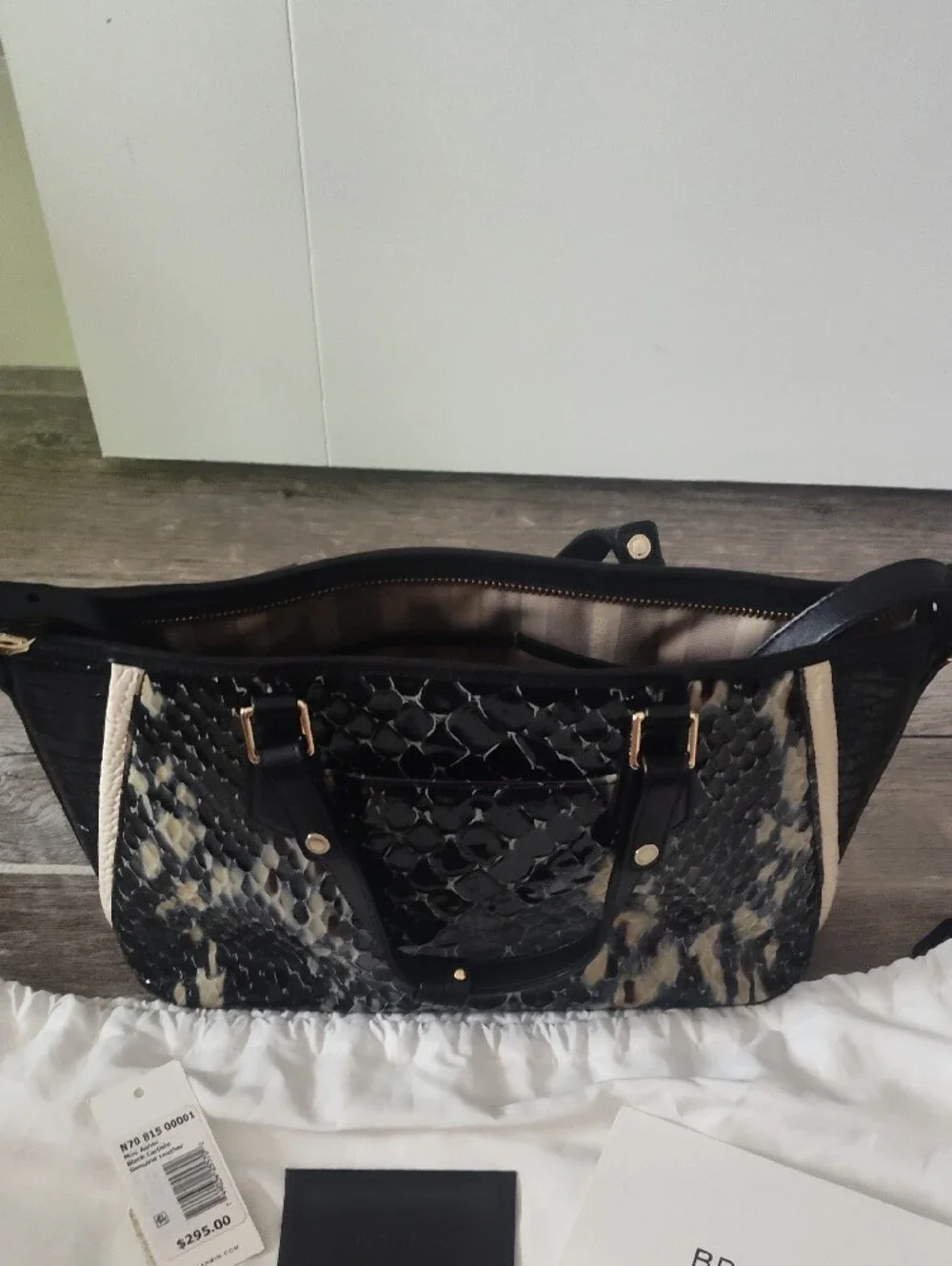 Brahmin Black & Cream Textured Shoulder Satchel with Tassel Charm